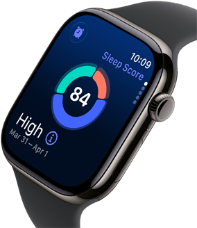Pohled zblízka na Apple Watch Series 11 s pouzdrem z břidlicově šedého titanu, na obrazovce je vidět spánkové skóre